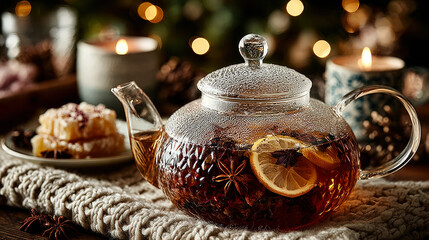Glass teapot filled with spiced tea, lemon slices, and star anise, surrounded by candles and pastries in a cozy festive setting.
