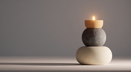 A stack of smooth stones supports a simple wooden candle holder with a flickering flame