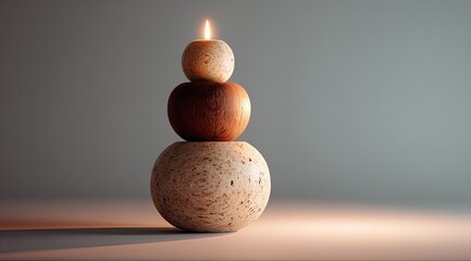 Stacked, spherical candle holders, light beige and wood tones. A  flickering flame atop