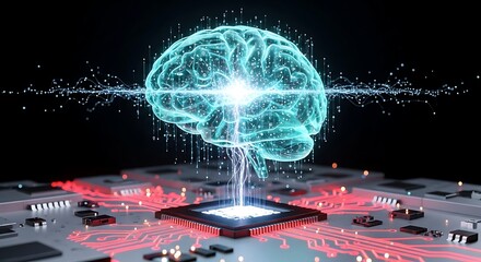 Abstract digital human brain interface connecting to futuristic circuit board technology glowing with energy