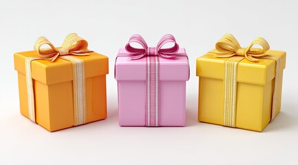 Three brightly colored gift boxes,  orange, pink, and yellow,  with decorative ribbons