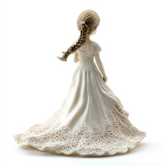 3D figurine of a little girl in a long fluttering dress of snow-white and vanilla tones isolated on a white background. Illustration for advertising children's holiday outfits, creative print, sketch 