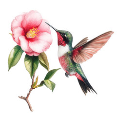 Obraz premium Watercolor painting of a hummingbird near a pink flower isolated on transparent background