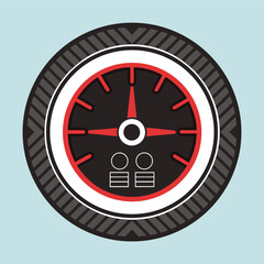 Stylized gauge illustration with a red needle, black face, and white accents, set against a light blue background