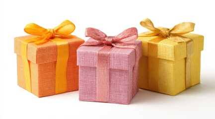 Three small, square gift boxes in peach, pink, and yellow,  decorated with yellow and rose-gold ribbons and bows, arranged in a row against a plain white background