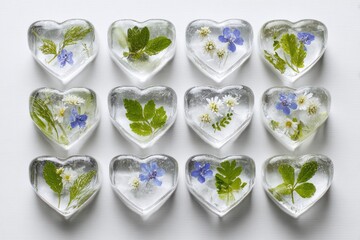 Fototapeta premium Heart-shaped ice cubes, each holding pressed wildflowers