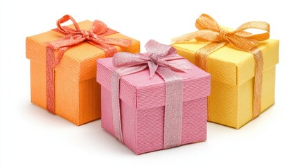 Three small, square gift boxes,  in pastel colors,  with  bows and ribbons,  isolated on white