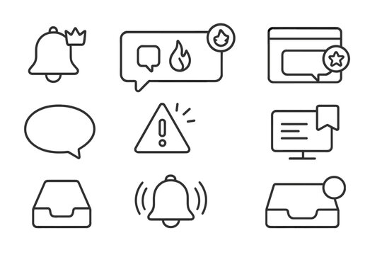 Line Style Icons. Line style icons of top notifications: bell with crown tag, alert message with flame, popup icon with star badge