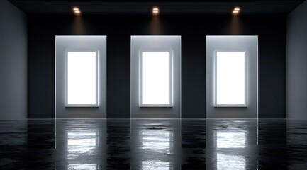 Empty room with three illuminated display windows