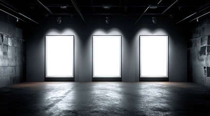 Empty gallery space with three blank displays
