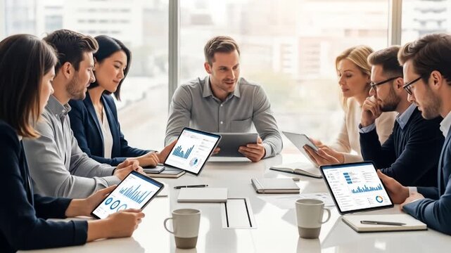 Diverse team collaborates, reviewing data on tablets - Powered by Adobe