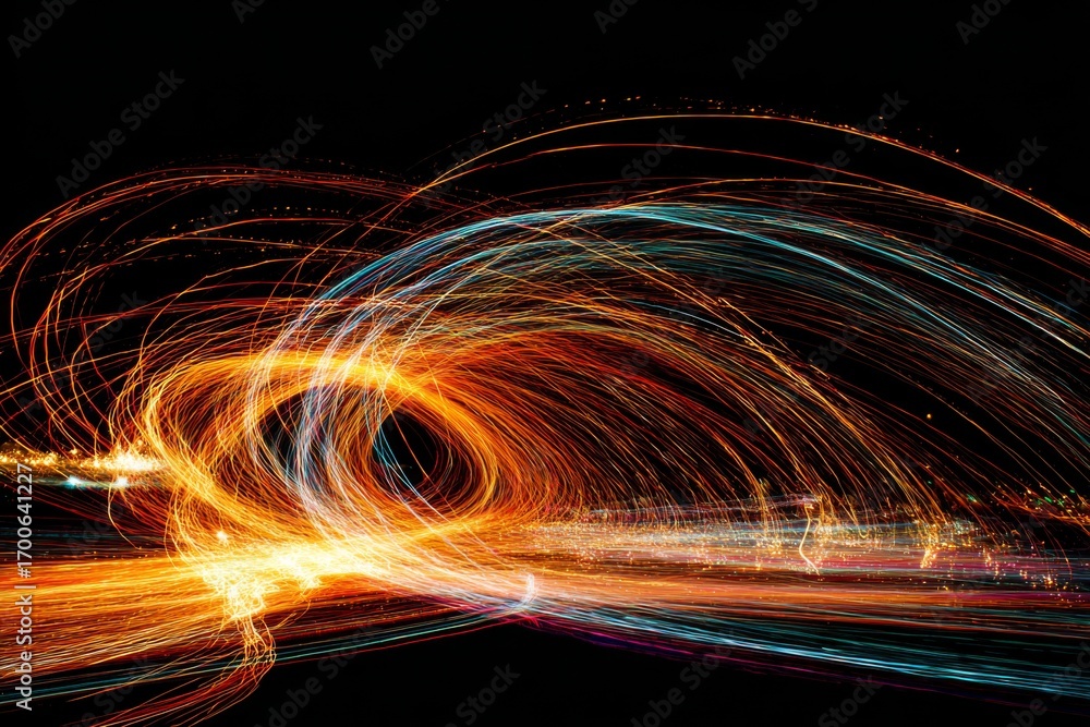 Poster swirling lines of light create an abstract pattern against a black background.
