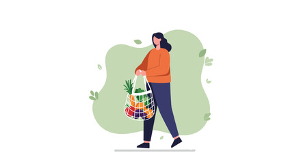Stylish woman with reusable bag full of fresh groceries promoting sustainable shopping