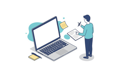 Modern professional working on laptop with notes, creative workspace, business concept, startup