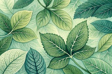 Fototapeta premium Close up of watercolor painted green leaves with intricate vein details