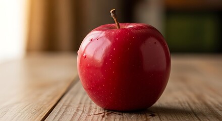 A close-up of a shiny red apple with droplets of water on a wooden table surface