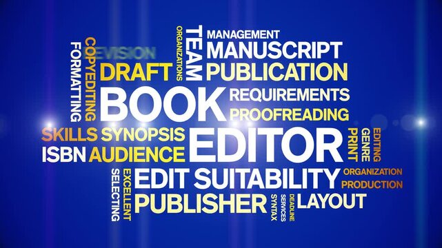 Book Editor animated word cloud-text design animation tag kinetic typography seamless loop.