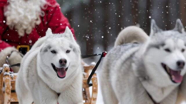Three dogs are in a sled pulled by Santa Claus. The dogs are white and appear to be happy