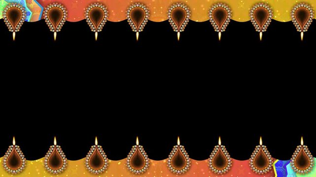 Four oil lamps on vibrant colours background with traditional pattern and Diwali holiday decoration. Copy space for diwali festival greetings and blessings.