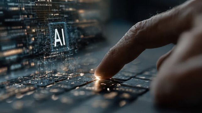 Finger presses keyboard with holographic artificial intelligence display showing emerging technology, innovation, and computing