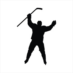 Excited hockey player silhouette celebrates victory with stick raised high © Mohon