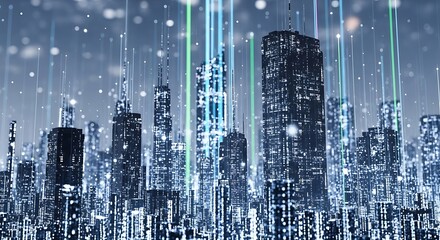 Abstract futuristic city skyline with glowing digital data streams and bokeh lights at night