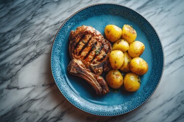Grilled pork chop with roasted potatoes on a blue plate