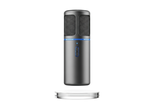 Cylindrical matte dark gray digital microphone with blue LED hovering above transparent disc on transparent background with copy space, futuristic audio technology concept