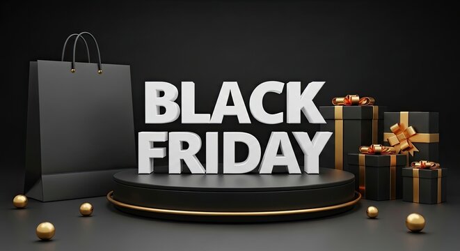 Black friday text with shopping bag and gift boxes on black background