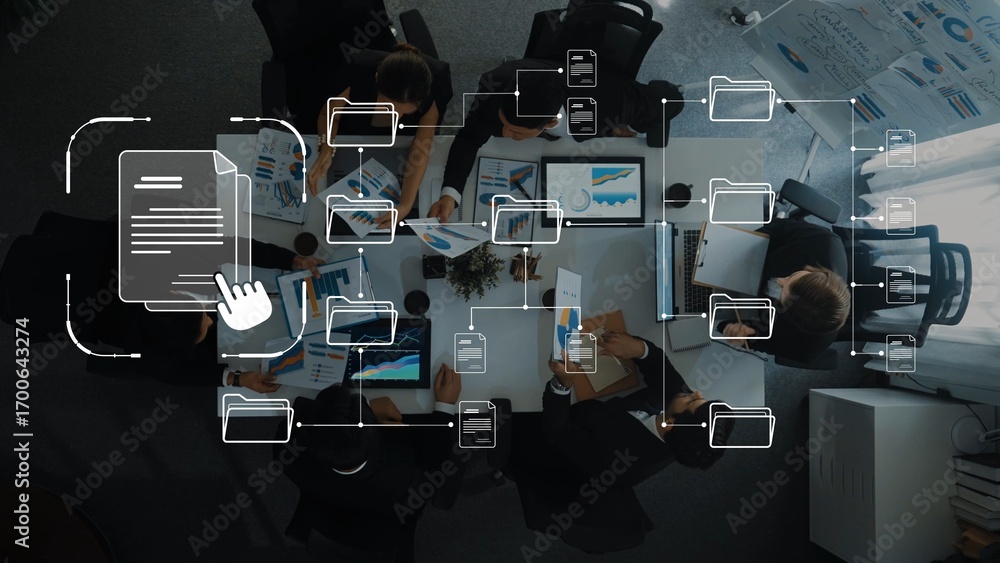 Poster a diverse group of professionals collaborates in a modern office to analyze data and documents. they