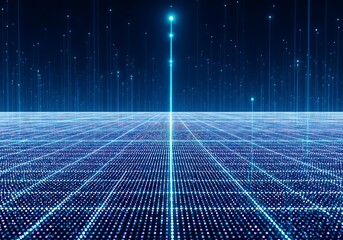 Abstract digital grid landscape with glowing blue light beam ascending to the sky