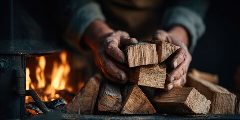 Hands carefully arranging firewood in front of a blazing fire