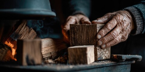 Aged hands carefully arrange firewood in a crackling hearth