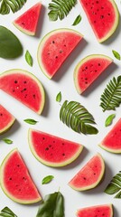 Fresh watermelon slices and tropical leaves arranged on white background