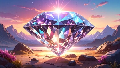 Obraz premium Huge diamond glows in a scenic landscape; sunburst on top, reflected in stone