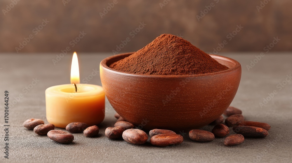 Poster rich and velvety cocoa powder in a bowl surrounded by cocoa beans and a warm candle on a rustic back