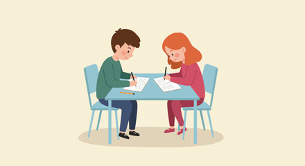 Students collaborate studying together, writing notes at a table, teamwork success and learning