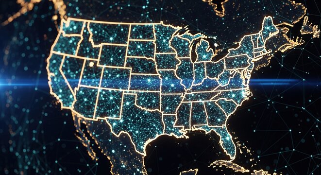 Planet earth at night from space showing north america connected to the rest of the world, global community concept