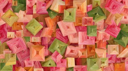 Abstract geometric pattern of many small, overlapping, colorful, textured squares and pyramids