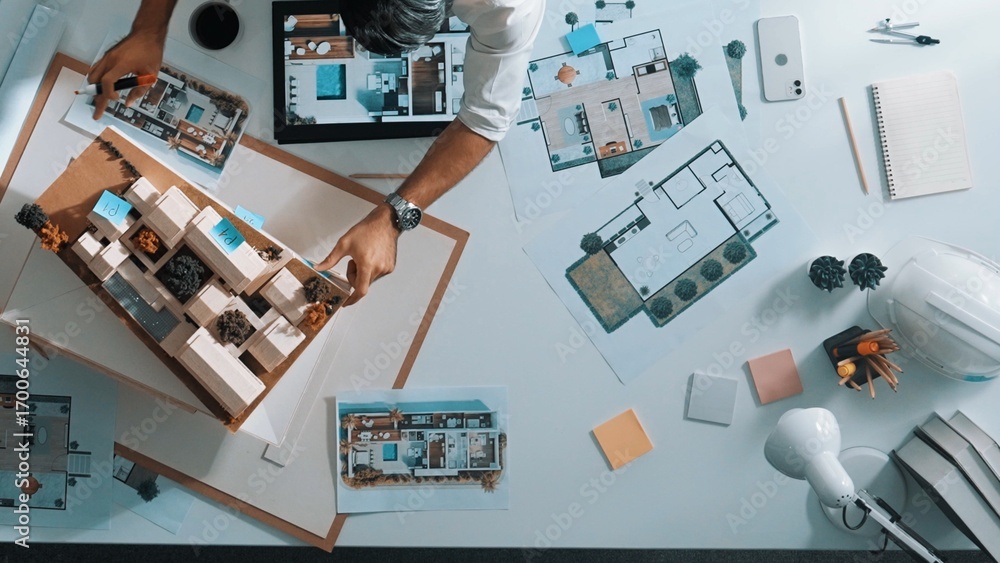 Poster top view of project manager writing house idea on sticky notes while looking plan at tablet. aerial 