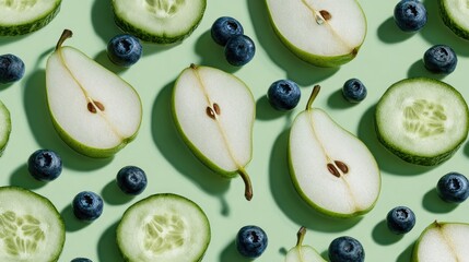 Fresh fruit and vegetable slices arranged on a pale mint green background
