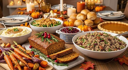 Obraz premium Abundant Thanksgiving feast laid out on rustic wooden table, celebrating harvest season bounty and family gathering warmth