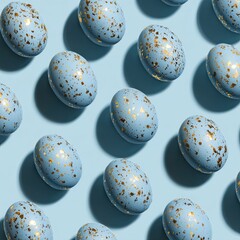 Light-blue eggs, speckled with gold, arranged in a diagonal pattern on a light-blue background.  Shadows are cast.  3D render