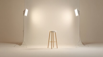 Minimalist Photography Studio Setup with Wooden Stool, Bright Lights, and Neutral Background for Portrait and Product Photography