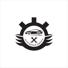 Auto Repair Service Logo –  Wrenches, Gear & Car Silhouette Design