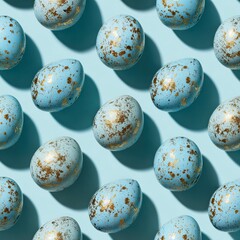 Light-blue eggs with gold speckles, arranged in a grid pattern.  Shadows are cast on light-blue background