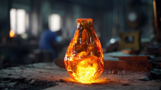 Molten glass art glowing orange hot glassblowing studio artisan craft handmade glass vase design handmade - Powered by Adobe