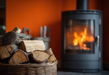 Cozy wood basket by a burning stove