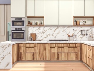 Modern kitchen interior, light beige and wood tones, marble backsplash