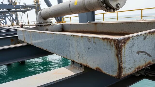 Industrial medium shot emphasizing the robust design of the drip tray beneath a jetty loading arm with a focus on the attached bonding cable for electrical safety.